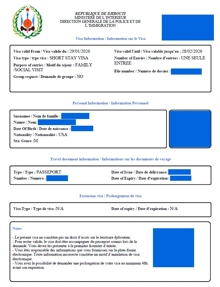 Djibouti eVisa – sample document